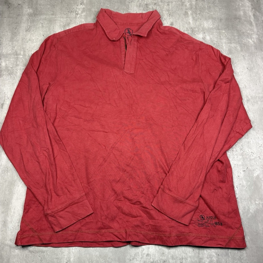 Aigle Rugby Long Sleeve Polo Shirt 1/4 Zip Collared Red Mens XL Pullover